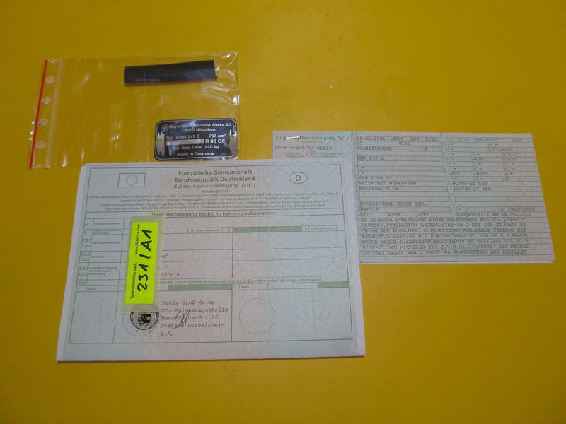 BMW R80 GS Fahrzeugbrief Dokumente mit Typenschild 1991 motorcycle document