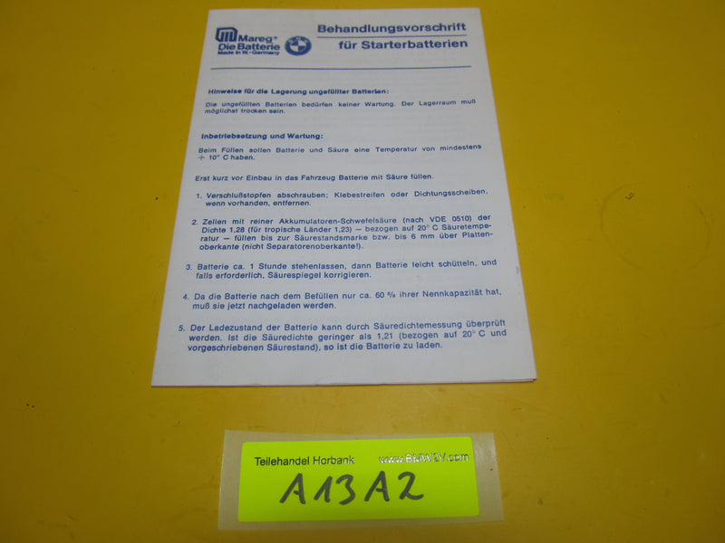 BMW R100 R80 R75 Behandlungsvorschrift Motorrad Batterie Mareg battery manual