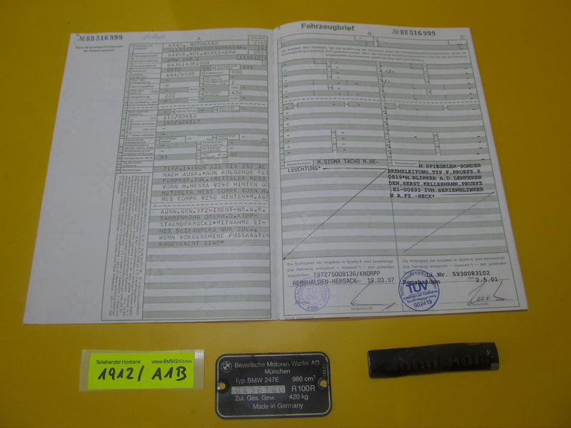 BMW R100R Mystic 1995 Fahrzeug Brief Dokumente mit Typenschild