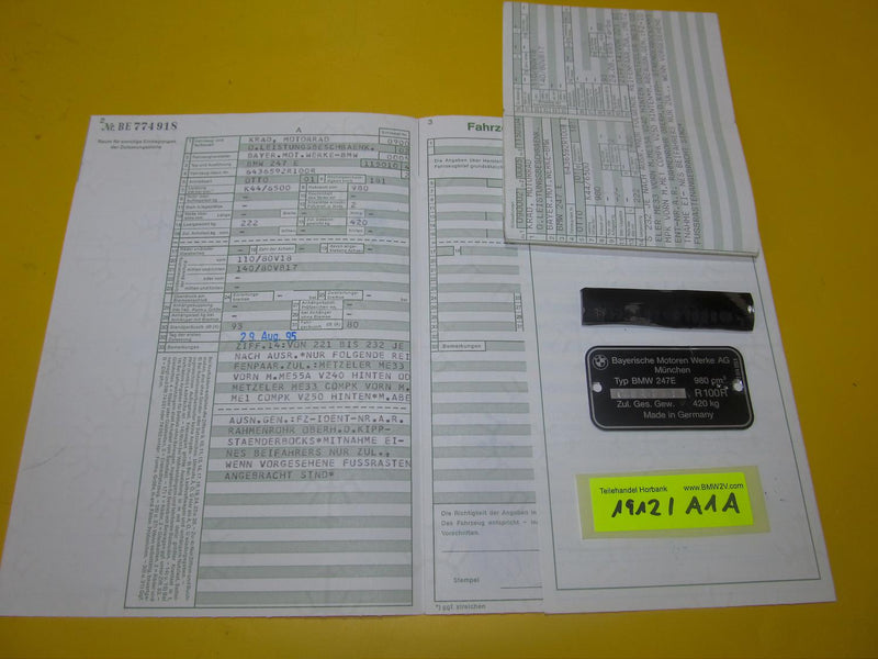 BMW R100R Mystic 1995 Fahrzeug Brief Dokumente mit Typenschild
