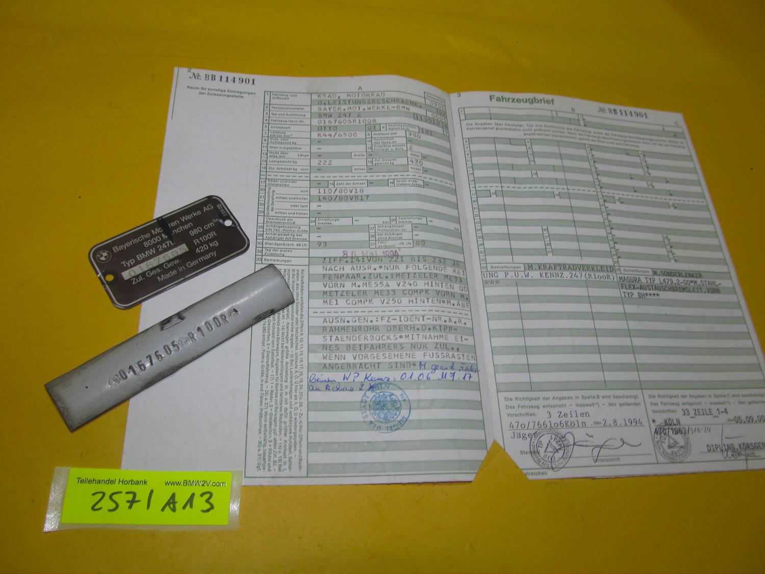 BMW R100 R100R 1991 Fahrzeug Brief Dokumente entwertet mit Typenschild