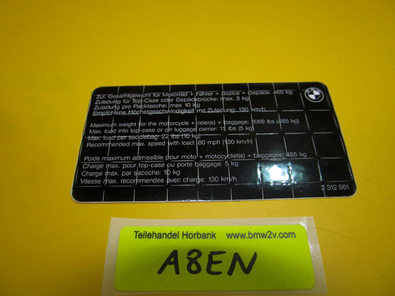 BMW K1100 RS Hinweisschild Zuladung Sitzplätze Folie Aufkleber 2312961 sticker
