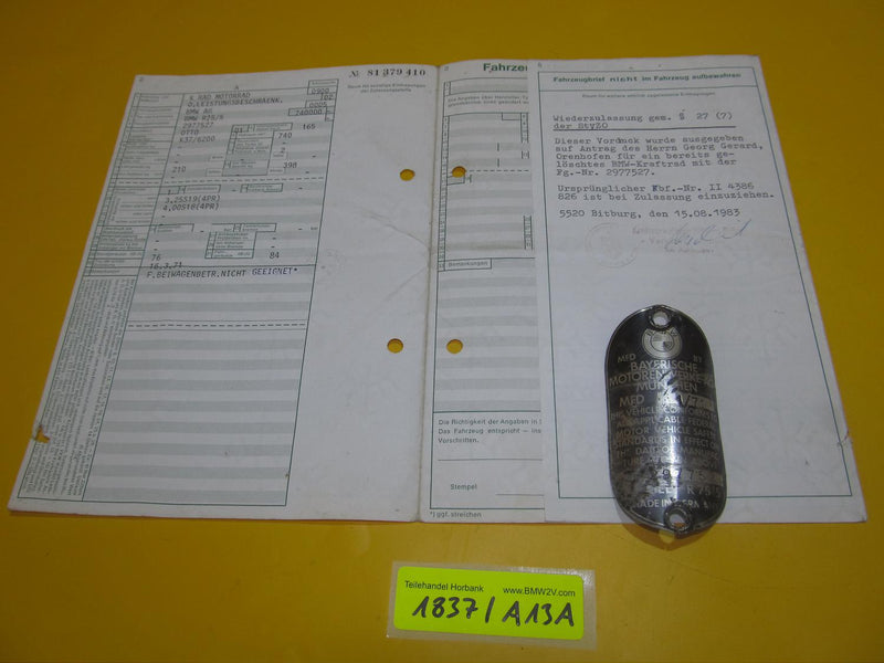 BMW R75 /5 Fahrzeugbrief Dokumente mit Typenschild 1971 motorcycle document